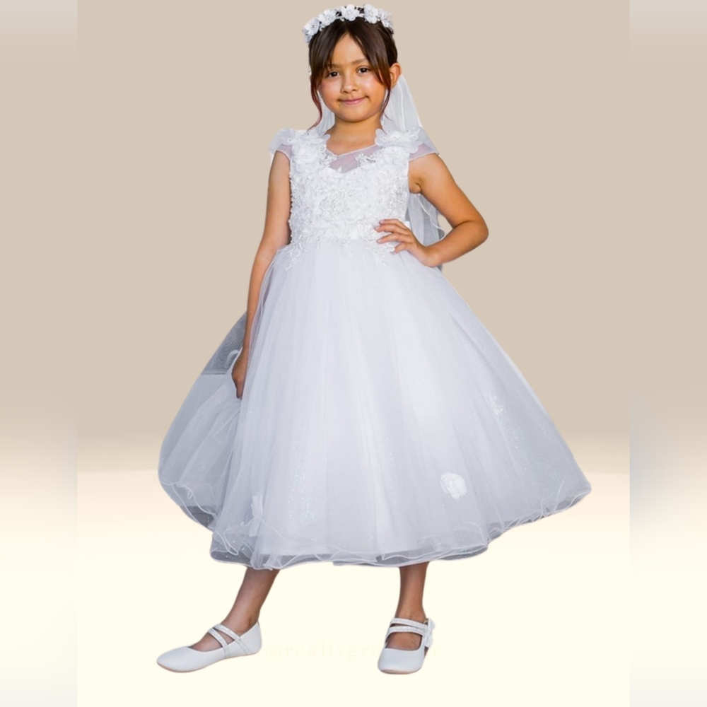 First Communion Dress With Shiny Crystal Tulle Cap Sleeve